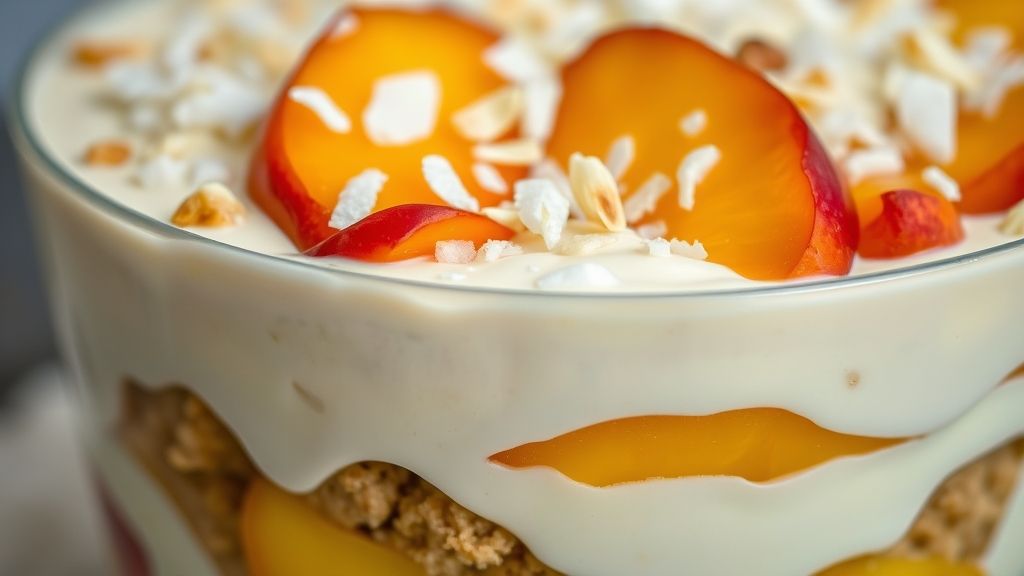 Close-up do pavê mostrando o creme cremoso e pedaços de pêssego sobre as camadas