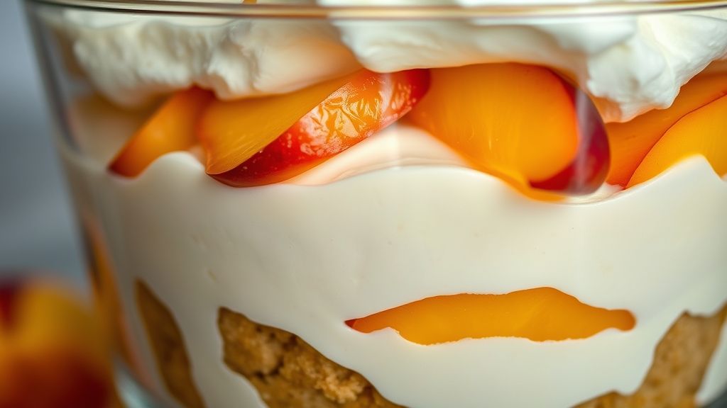 Close-up do pavê finalizado, mostrando camadas de creme, bolacha e pêssegos suculentos