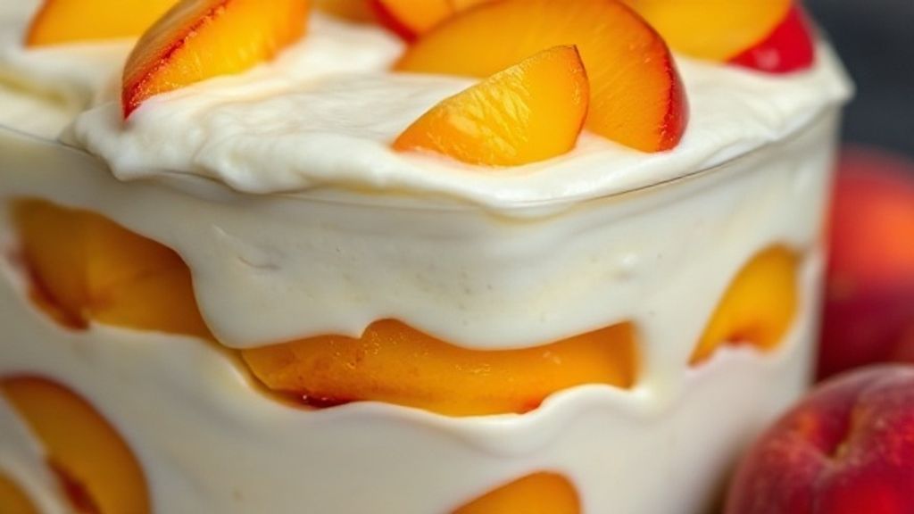 Close-up do pavê de pêssego pronto, mostrando a textura cremosa e os pedaços de fruta