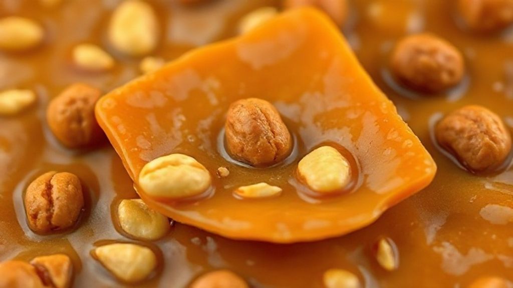 Close-up de pedaços de pé de moleque destacando a textura crocante e o brilho do caramelo.