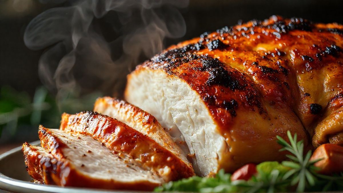 Close-up da pele dourada e crocante do peru marinado com vinho branco.