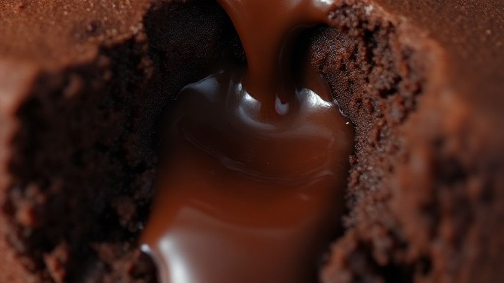 Close-up do petit gateau partido ao meio com chocolate derretido escorrendo