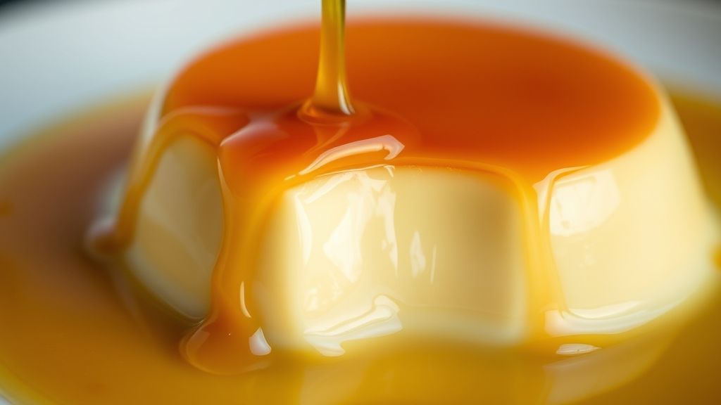 Close-up do pudim desenformado, destacando a textura lisa e a calda escorrendo