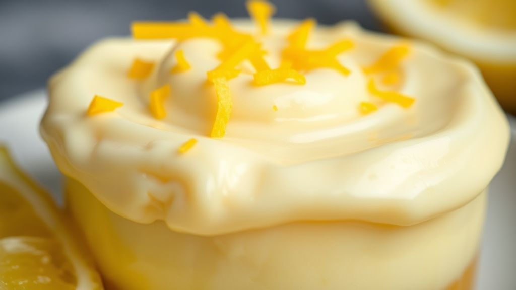 Close-up do pudim firme, cremoso, com brilho e textura, decorado com raspas de limão