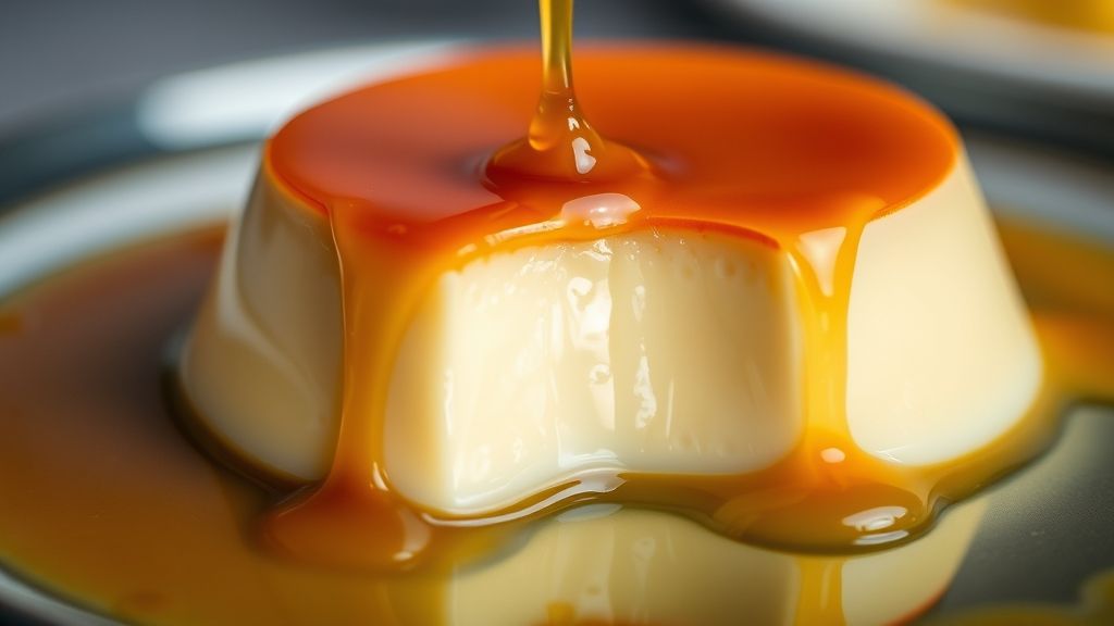 Close-up do pudim de micro-ondas com textura cremosa e calda escorrendo