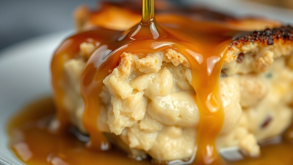 Close-up do pudim pronto, destacando a textura lisa e a calda brilhante escorrendo pela lateral