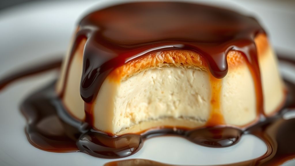 Close-up mostrando textura cremosa e calda brilhante escorrendo pelo pudim gelado
