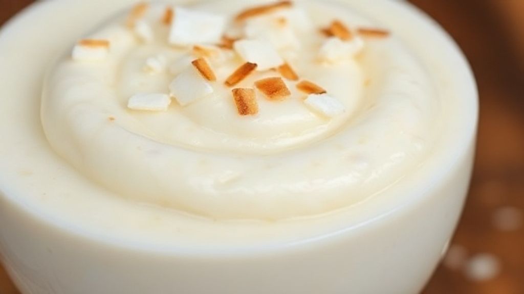 Close-up do pudim pronto já desenformado, destacando textura cremosa e coco decorativo no topo