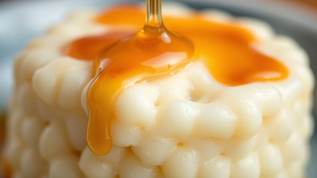 Close-up mostrando a textura macia do pudim de tapioca com a calda brilhante escorrendo.