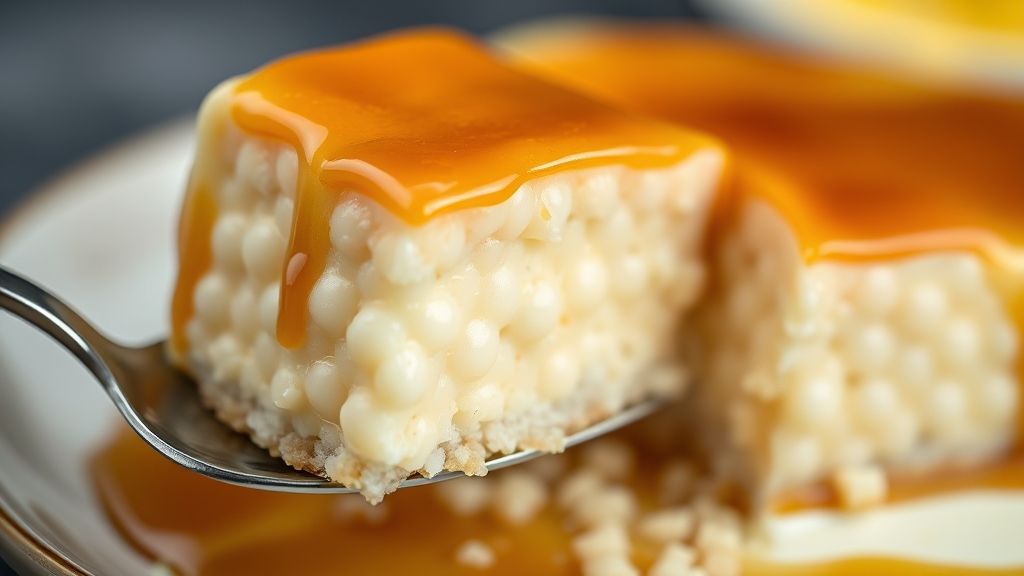 Close-up de uma fatia de pudim de tapioca granulada mostrando sua textura cremosa com grãos macios e cobertura de caramelo brilhante