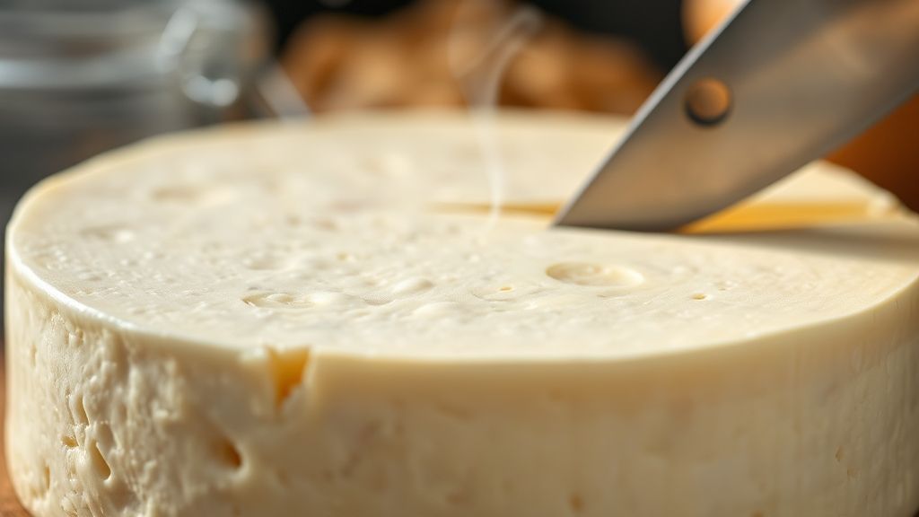 Close-up do queijo caseiro mostrando a textura lisa e firme, recém-cortado em fatias