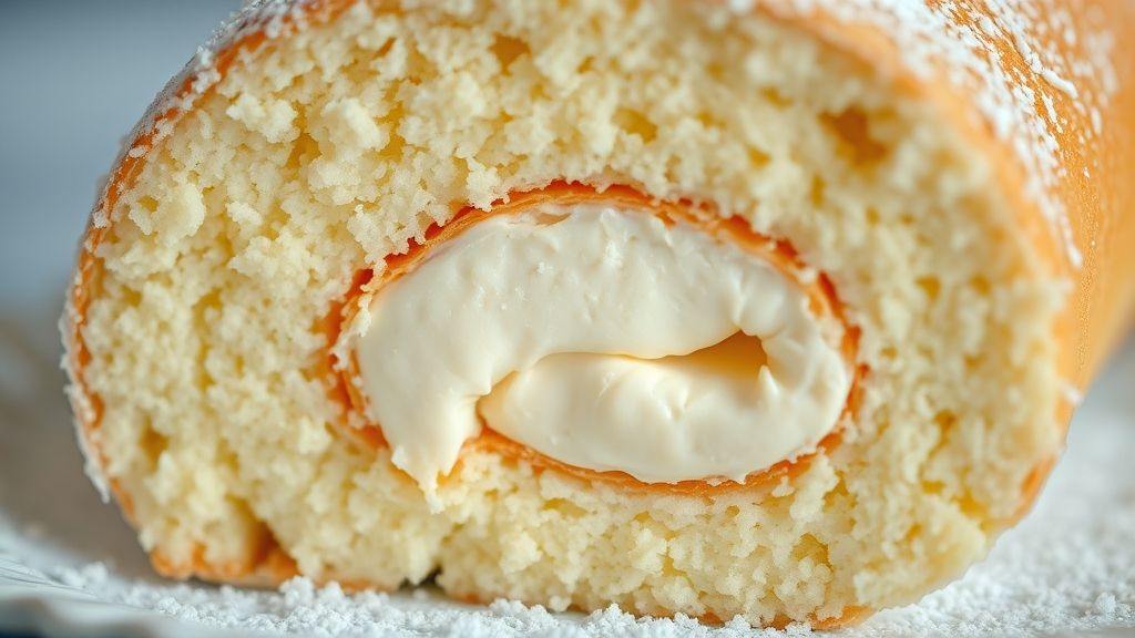 Close-up de uma fatia de rocambole mostrando a textura aerada e o recheio cremoso.