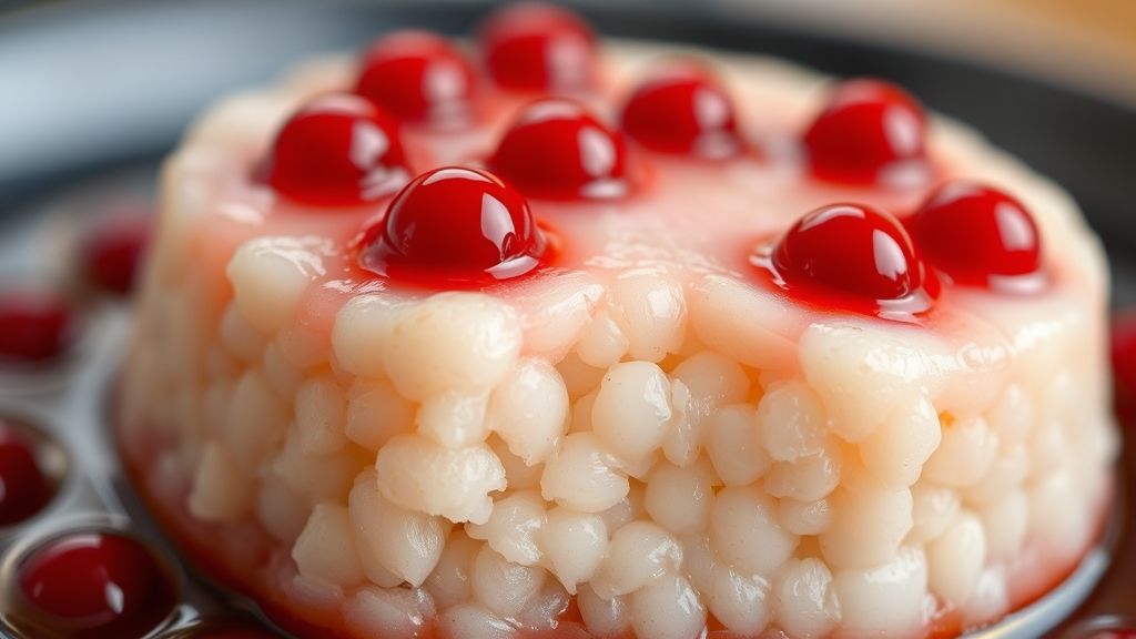 Close-up da colher levantando o sagu de vinho com calda encorpada e brilhante.