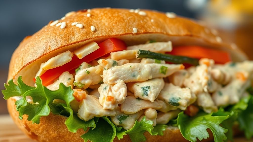 Close-up do sanduíche natural de frango cortado ao meio, evidenciando o recheio cremoso e os vegetais frescos.