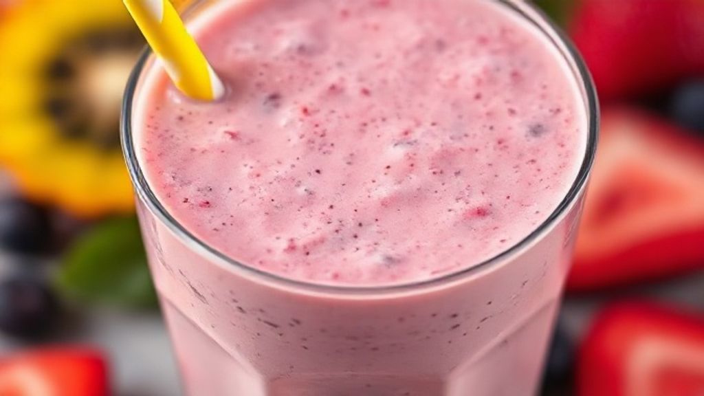 Close-up do smoothie poderoso em copo transparente, destacando a textura cremosa e pedaços de frutas