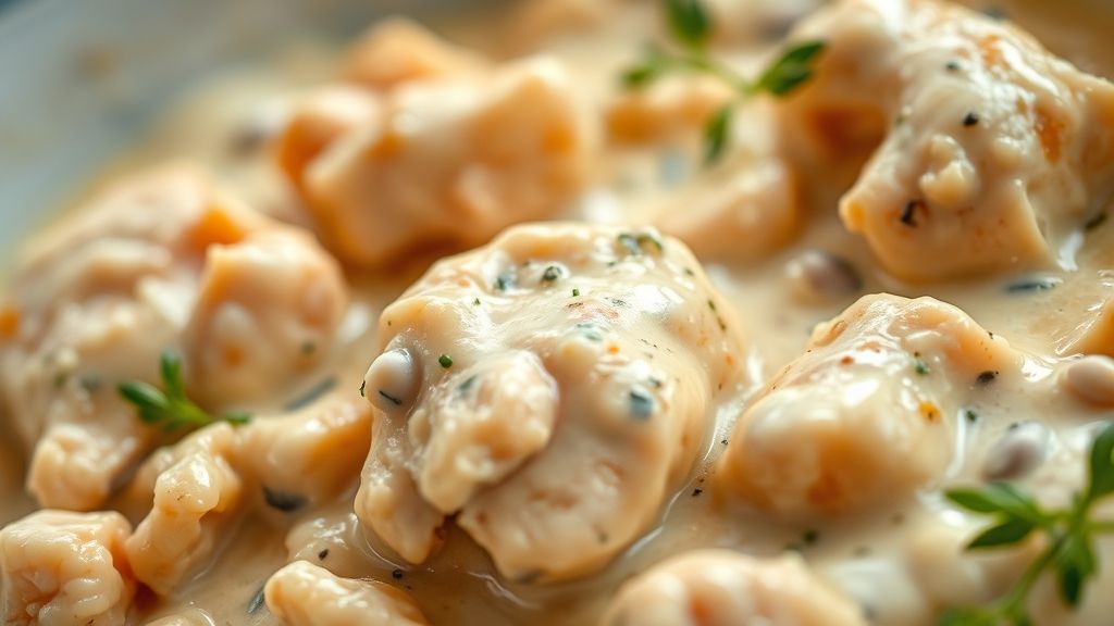 Close-up mostrando a cremosidade do strogonoff light de frango pronto, com molho uniforme e pedaços suculentos.