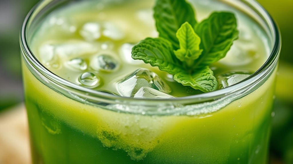 Close-up do suco detox servido em copo alto, com textura refrescante e gotas de condensação no vidro