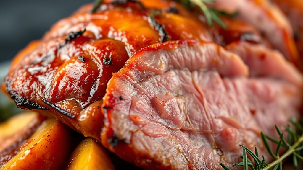 Close-up mostrando a textura caramelizada do tender e o brilho dos pêssegos assados