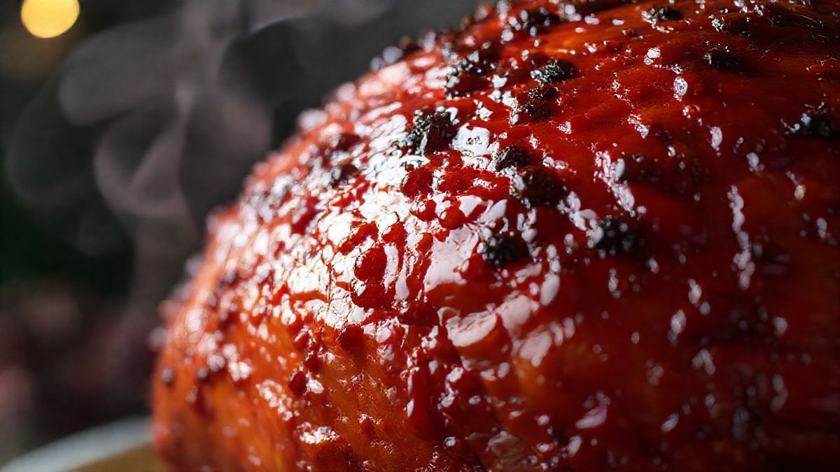 Close do tender dourado com brilho do mel, mostrando textura caramelizada e suculenta.