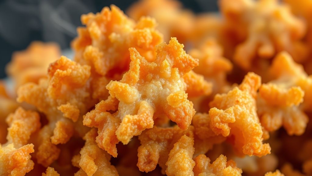 Close-up do torresmo crocante, pururucado, com textura dourada e pedaço sendo servido.