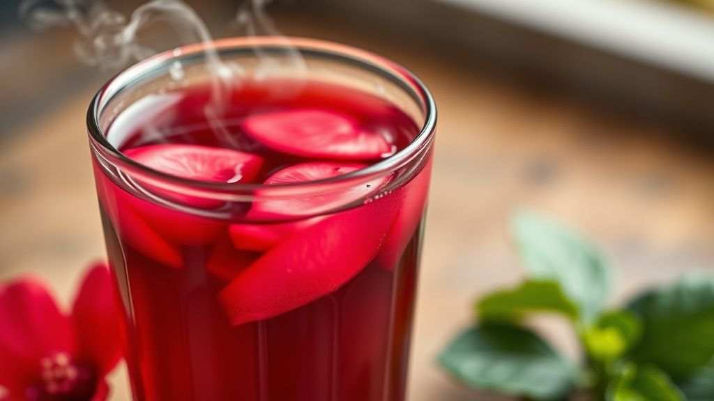 Close-up de uma xícara de chá de hibisco vibrante com vapor subindo.
