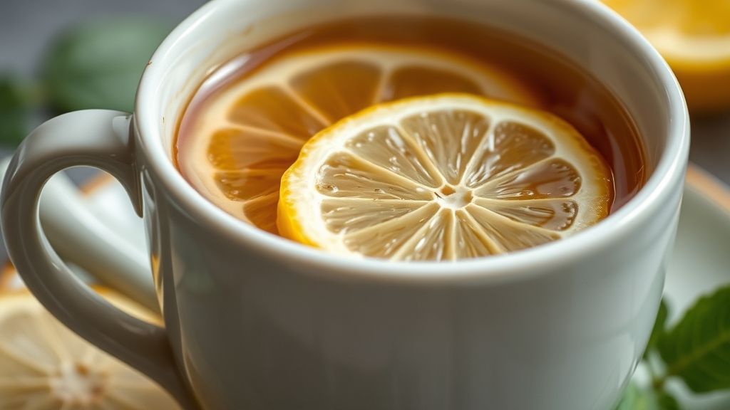 Close-up de uma xícara de chá verde fumegante com rodelas de limão e detalhes da textura das ervas.