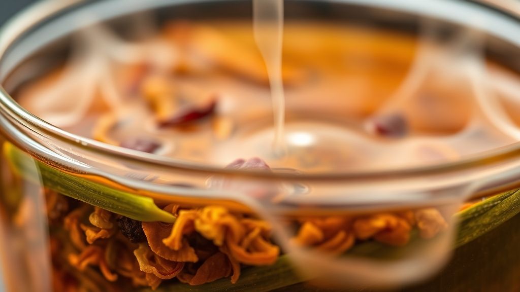 Close-up das xícaras de chá mostrando tonalidades, vapor e a textura das infusões prontas