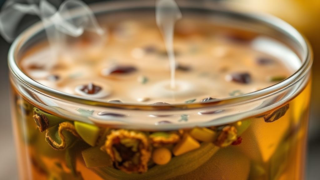 Close-up de uma xícara de chá mostrando texturas, ervas flutuando e vapor saindo do copo