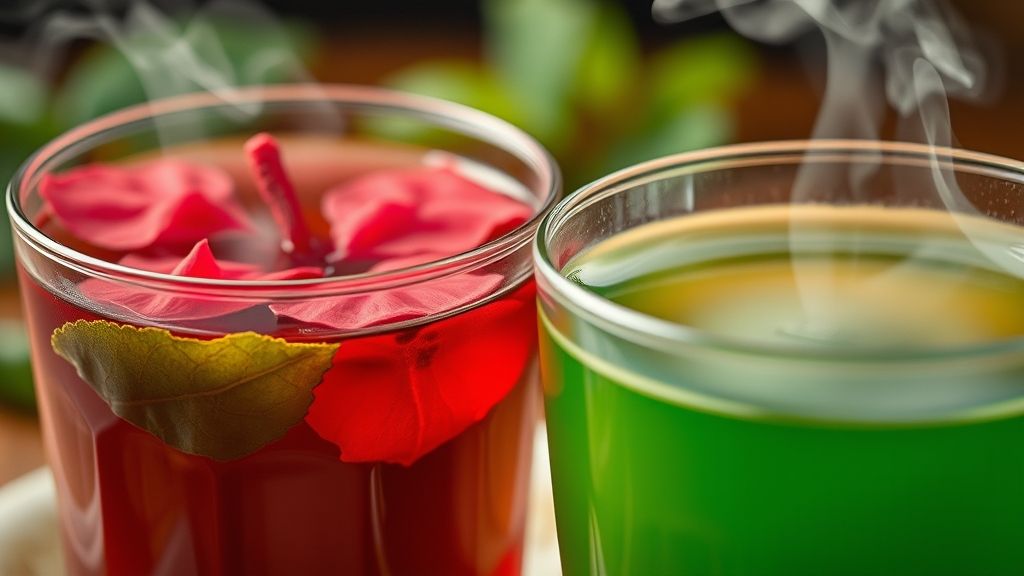 Close-up de uma xícara transparente com chá de hibisco e outra com chá verde, destacando coloração intensa e textura.