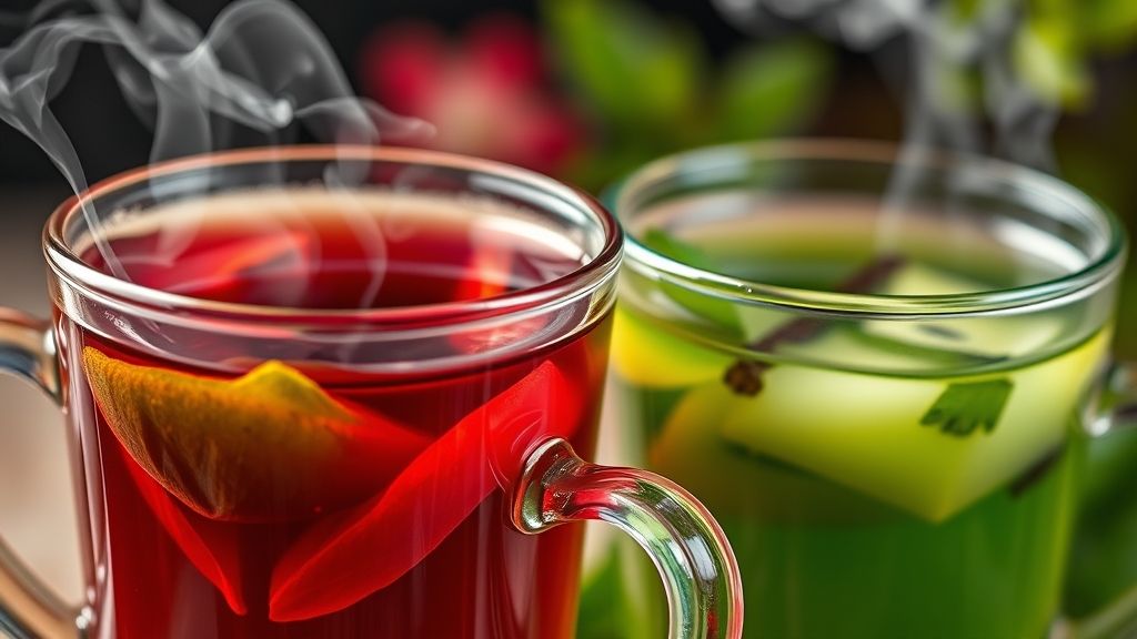 Close-up do chá pronto em xícara transparente, destacando a cor vibrante e o vapor subindo