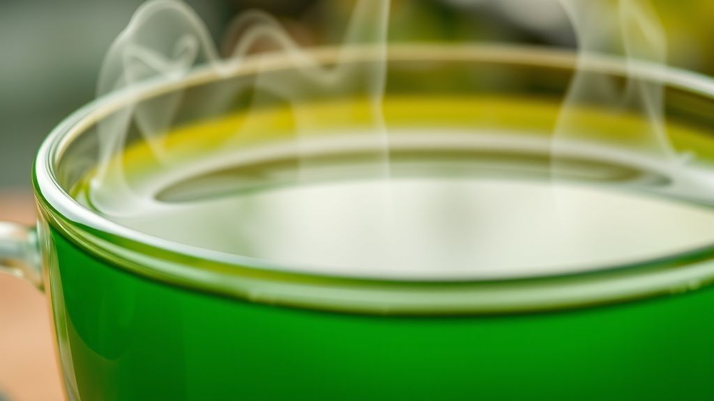 Close-up de uma xícara de chá verde fumegante, mostrando a leveza e coloração vibrante