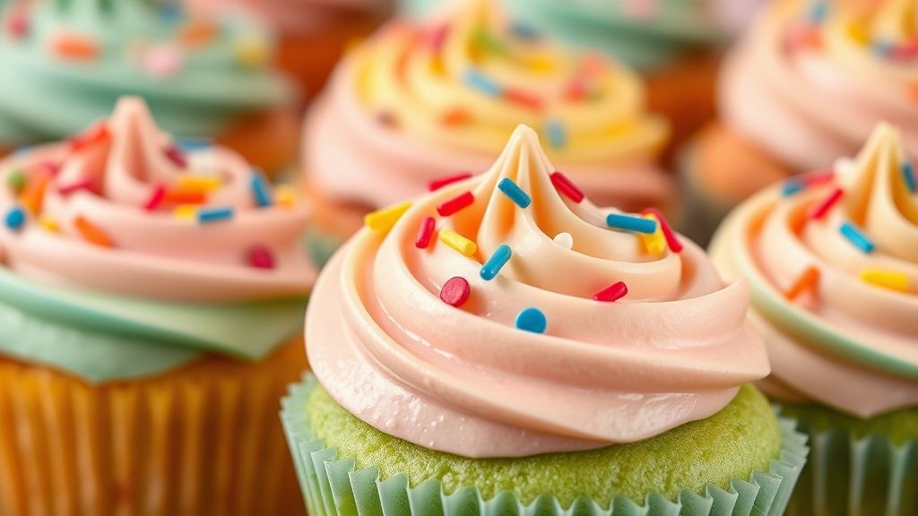 Close-up de cupcake pronto mostrando textura macia, cobertura de chocolate e confeitos vibrantes.
