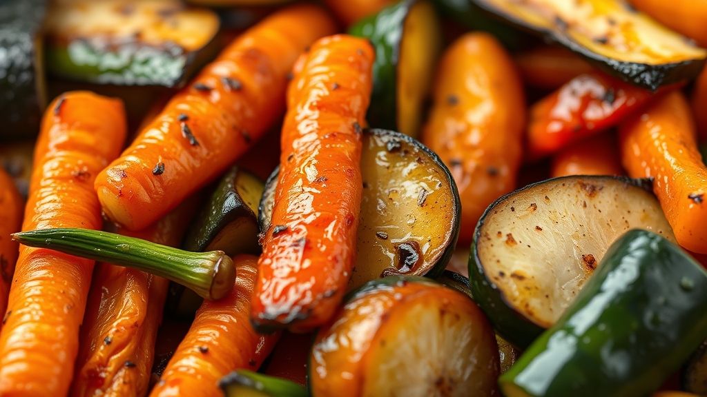 Close-up de legumes dourados ao forno, destacando textura crocante e cores vibrantes
