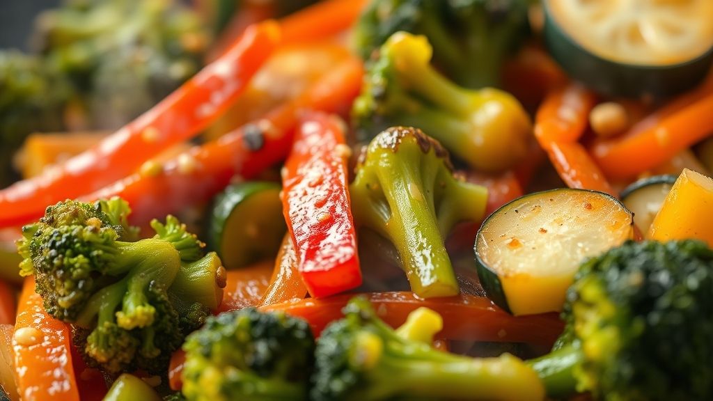 Close-up dos legumes prontos, destacando brilho, textura crocante e cores vivas