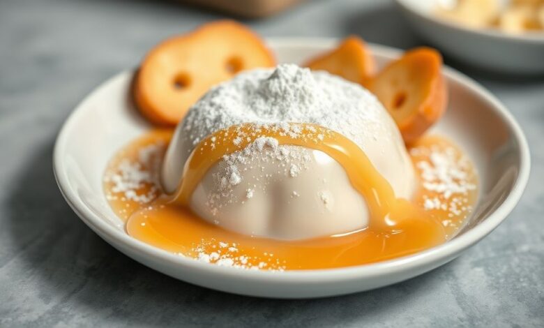 Doce de leite em pó cremoso pronto, servido em potes individuais com textura macia e aparência apetitosa