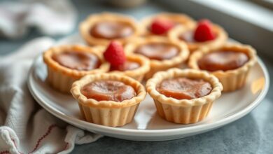 Empadas doces douradas e recheadas com leite condensado, servidas em forminhas sobre prato decorado