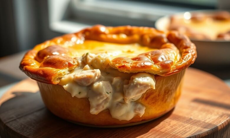 Empadão de frango dourado, servido em fatia, com recheio cremoso e massa crocante