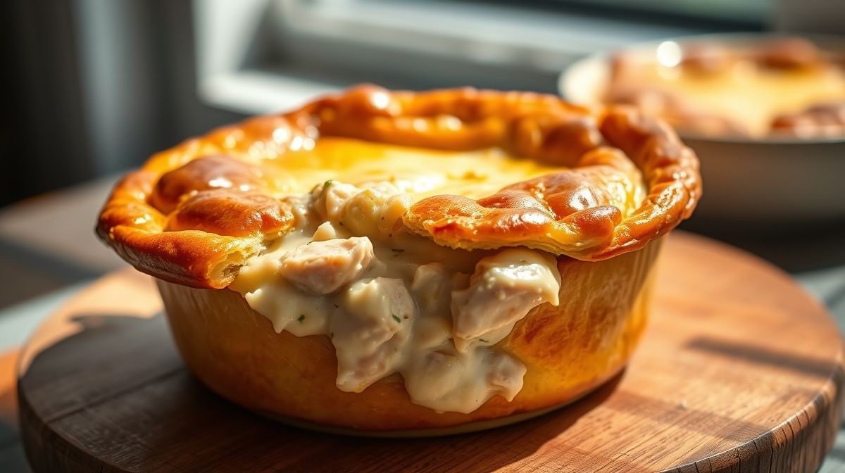Empadão de frango cremoso dourado no forno, com massa crocante e recheio suculento