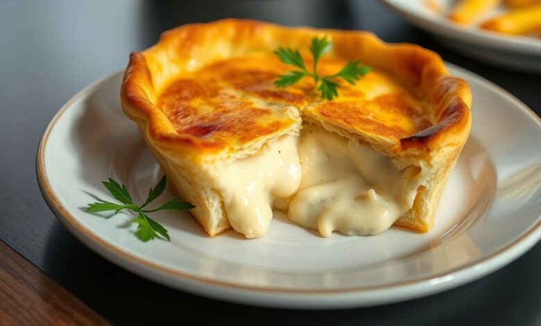 Empadinha de queijo dourada, crocante por fora e cremosa por dentro, servida em forminha elegante