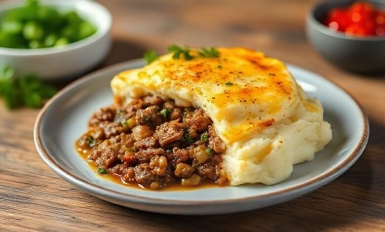 Escondidinho de carne moída pronto, gratinado no forno, servido em refratário com casquinha dourada e cremosa por dentro