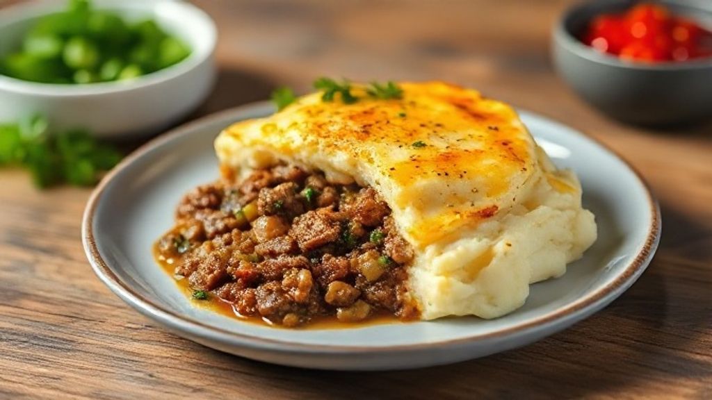 Escondidinho de carne moída com purê de batata cremoso e gratinado, servido em refratário dourado e apetitoso