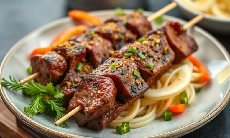 Espetinho de carne dourado na grelha, suculento e bem temperado, servido de forma apetitosa