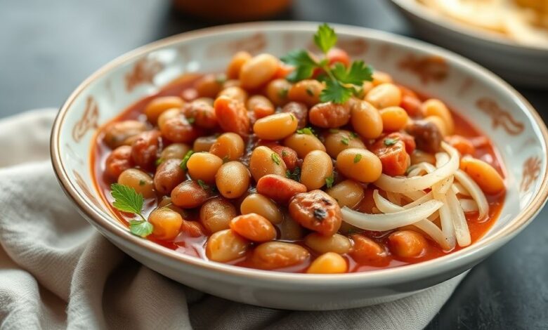 Prato de feijão cozido sem gases, servido em tigela rústica, com caldo encorpado e temperos frescos