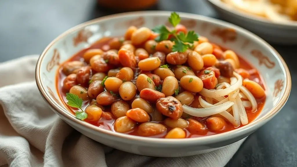 Prato de feijão cozido sem gases, servido em tigela rústica, com caldo encorpado e temperos frescos