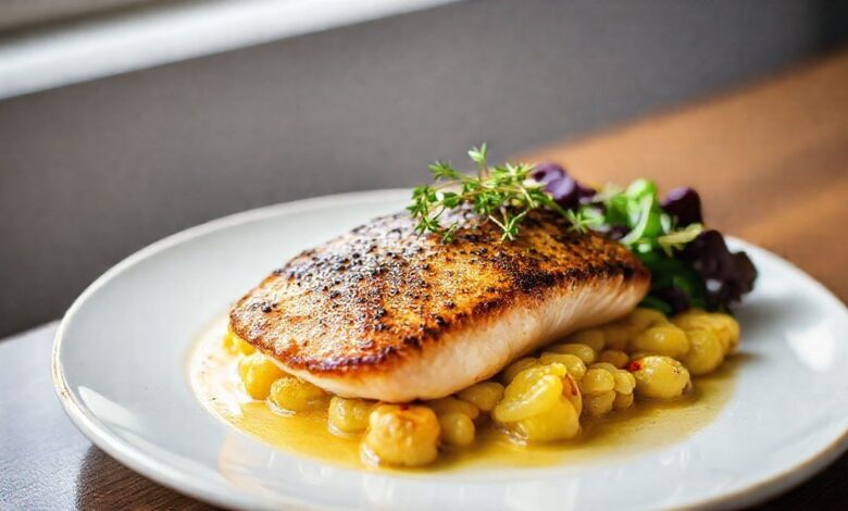 Filé de dourada assado no forno com ervas, cebola e vinho branco, servido em travessa elegante e apetitoso