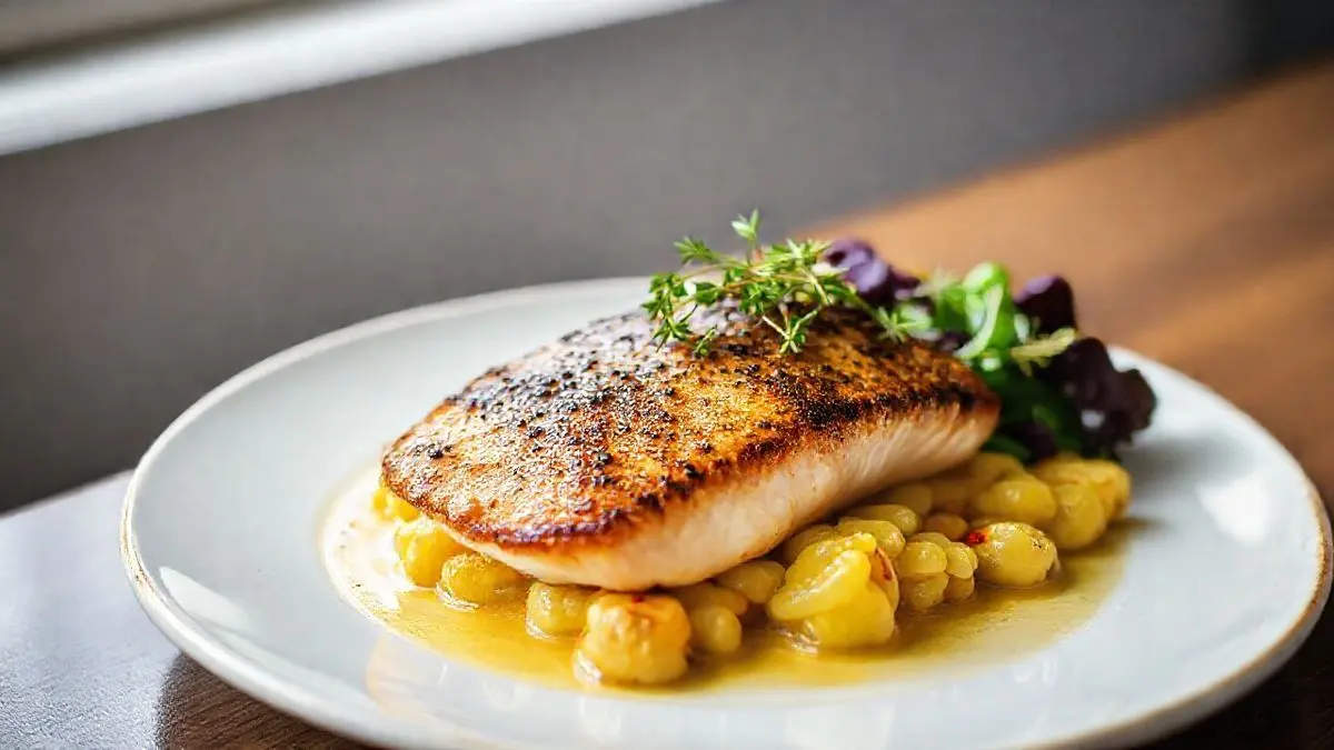 Filé de dourada assado no forno com ervas, cebola e vinho branco, servido em travessa elegante e apetitoso