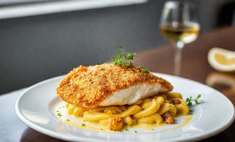 Filé de linguado empanado dourado, crocante por fora e macio por dentro, servido em prato elegante.