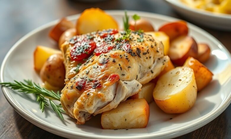 Frango com batatas dourado, assado no forno, servido em travessa com alecrim fresco.