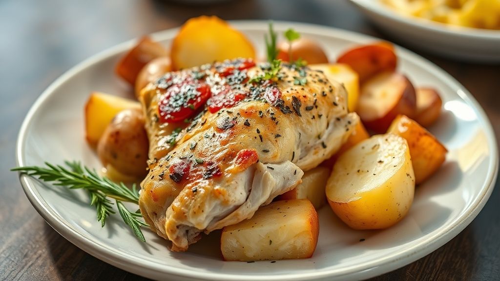 Frango com batatas ao forno servido dourado e crocante, receita caseira saborosa e prática