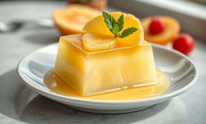 Sobremesa pronta, em camadas de creme e gelatina com abacaxi, servida em refratário elegante e decorada com hortelã.